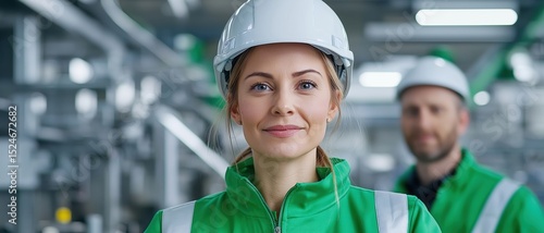 A female engineer in a white hard hat and green jacket smiles, with a male colleague blurred in the background.