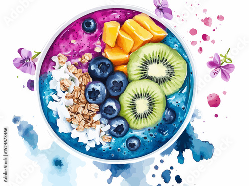 Watercolor Illustration of a Dragon Fruit Smoothie Bowl with Colorful Toppings Including Blueberry, Oats, Kiwi, Mango, and Coconut Flakes in a Fresh and Artistic Style