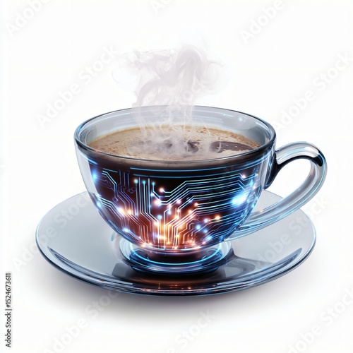Futuristic glass coffee cup with steaming coffee and glowing cybernetic circuit board designs.