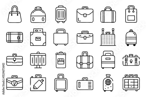 Collection of line icons depicting bags luggage and travel accessories isolated on transparent background