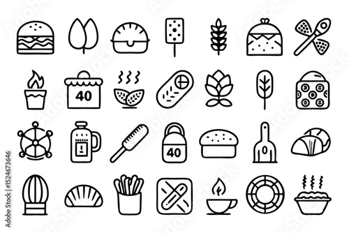 Bakery bread baguette wheat line icons set isolated on transparent background
