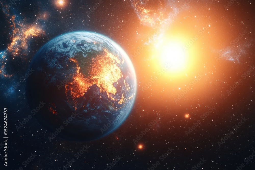 Fototapeta premium Earth glowing with illuminated continents surrounded by stars and cosmic clouds near a bright radiant sun in outer space