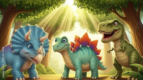 A fun dinosaur cartoon tyrannosaurus rex  triceratops and stegosaurus smiling  and playing together in nature green jungle