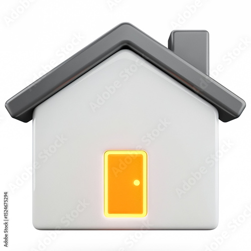 Small modern house icon with glowing orange door and grey roof on white backg...