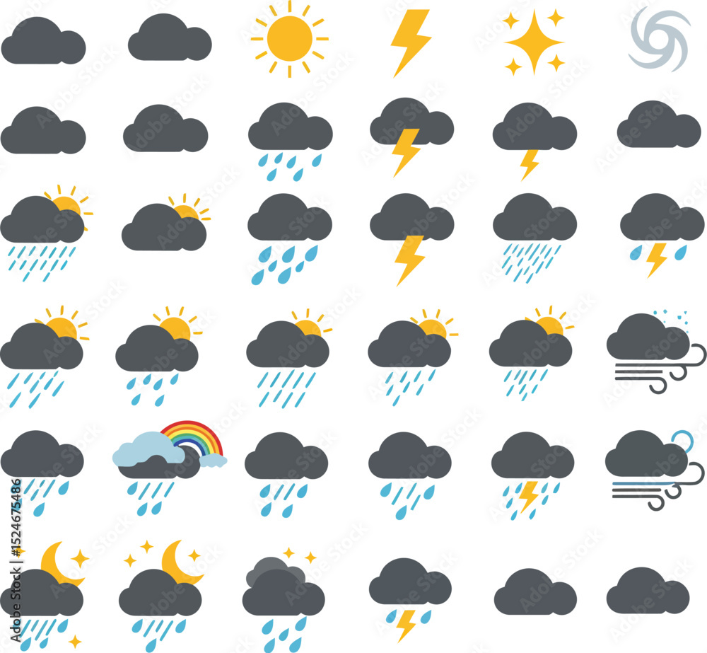 Weather forecast icon set with sun, rain, cloud, snow, and lightning symbols for web design Weather forecast icon set with sun, rain, cloud, snow, and lightning symbols for web design