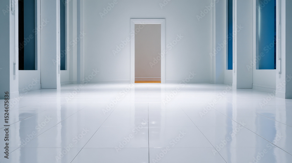 Fototapeta premium Bright, spacious hallway with high ceilings and reflective white tiles, leading to an open doorway. The minimalistic design conveys a clean, modern aesthetic and depth.