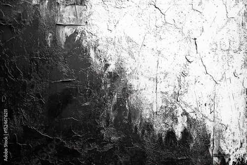 Abstract black and white textured surface with rough, cracked paint and uneven areas blending dark and light tones creating a dramatic and aged appearance