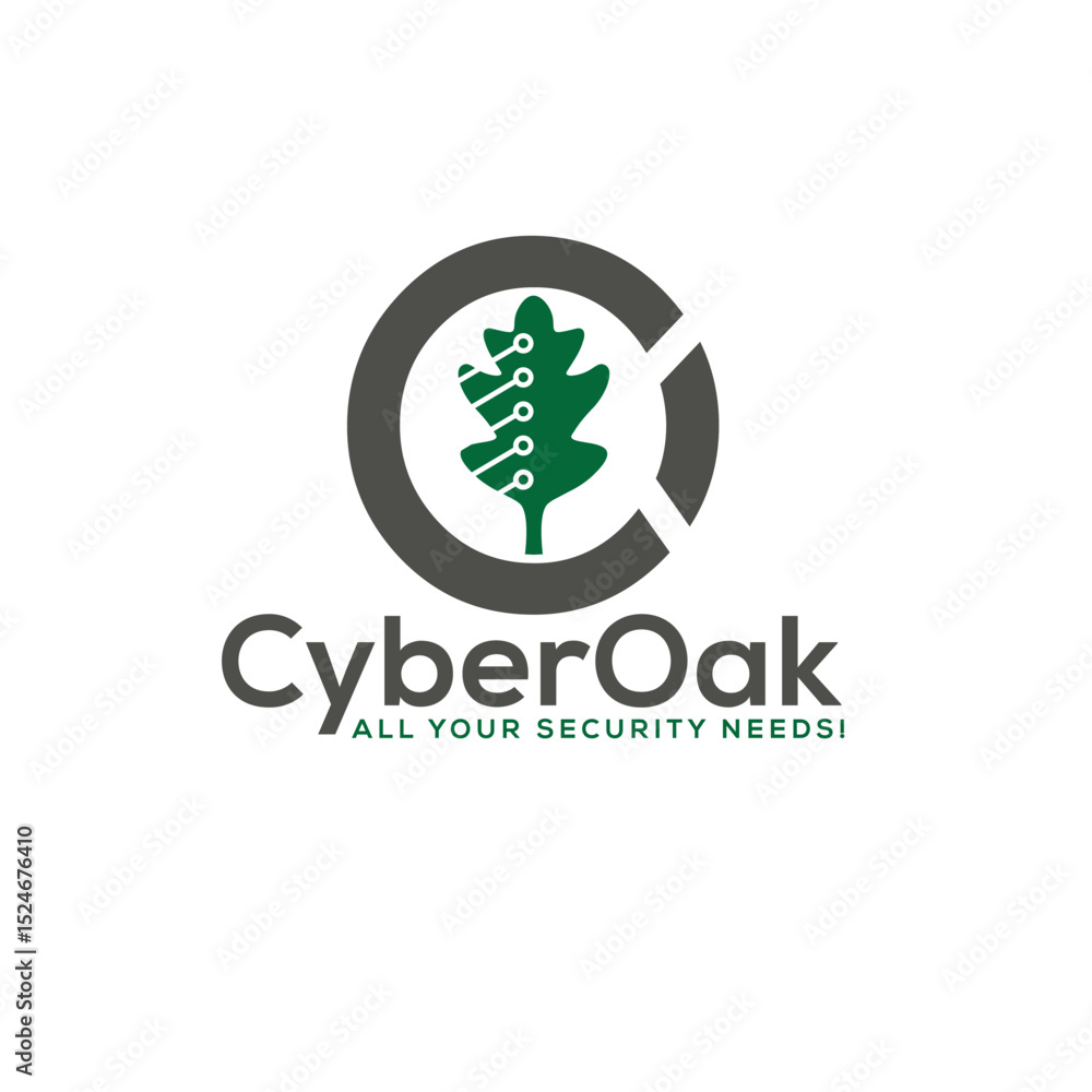 Fototapeta premium Cyber Oak logo combining a digital oak leaf with circuit or tech elements, perfect for cybersecurity, tech, or eco-tech brands. Modern, strong, and nature-meets-technology design. 
