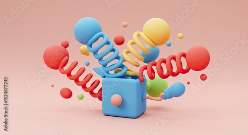 Colorful abstract 3D jack-in-the-box with spirals and spheres, playful minimal design, modern digital art background