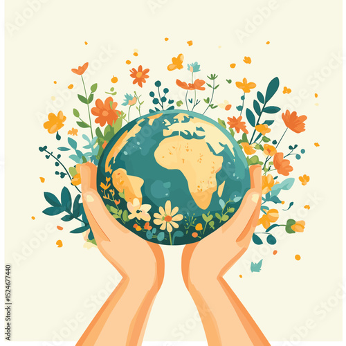 Vector hands holding earth with flowers. Earth day illustration with cute planet. Environment friendly icon with globe. Cute ecological concept