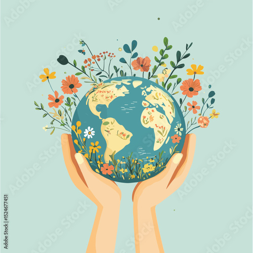 Vector hands holding earth with flowers. Earth day illustration with cute planet. Environment friendly icon with globe. Cute ecological concept