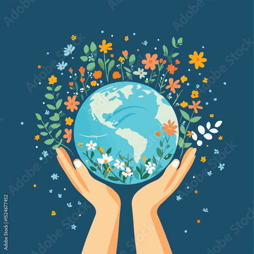 Vector hands holding earth with flowers. Earth day illustration with cute planet. Environment friendly icon with globe. Cute ecological concept