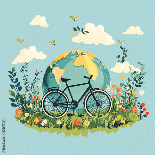 world planet earth with bicycle ecology vector illustration design, vector style simple color