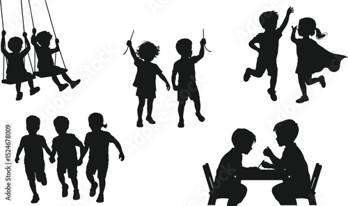 Silhouette of children playing, running, swinging, celebrating with ribbons, superhero pose, teamwork, outdoor activity, joyful friendship vector, black and white illustration flat vector illustration