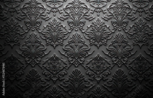 Close-up of intricate dark embossed textured wallpaper with repeating elegant floral damask pattern creating a sophisticated and dramatic atmosphere