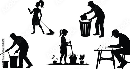 Silhouette of people gardening, cleaning, mopping, woodworking, and disposing trash, outdoor chores, eco-friendly maintenance, daily routine, sustainability tasks flat vector illustration