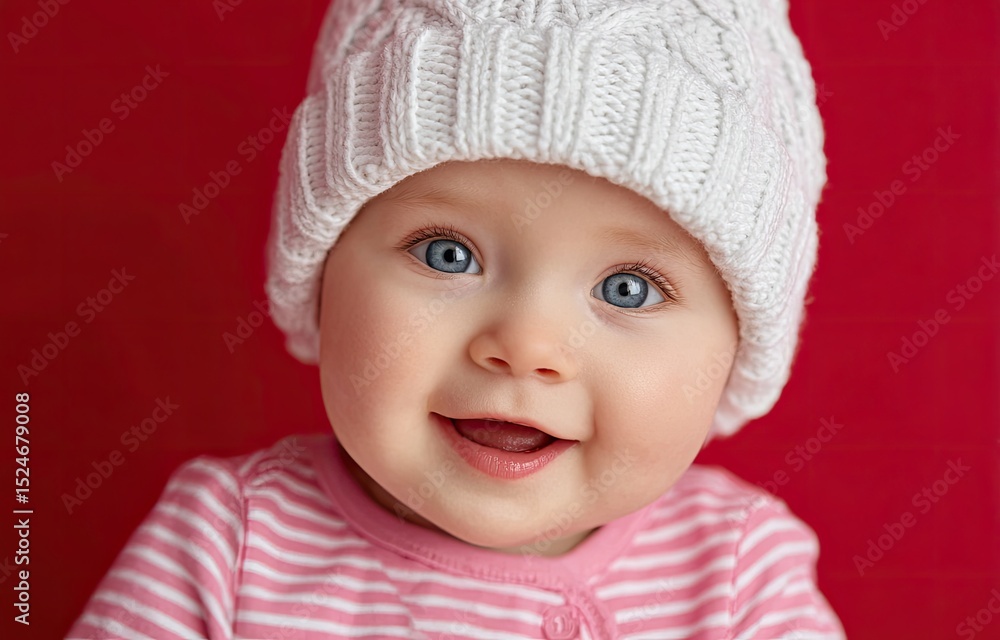 Cute, smiling baby wearing a white hat and a pink-striped shirt against a red background Cute, smiling baby wearing a white hat and a pink-striped shirt against a red background