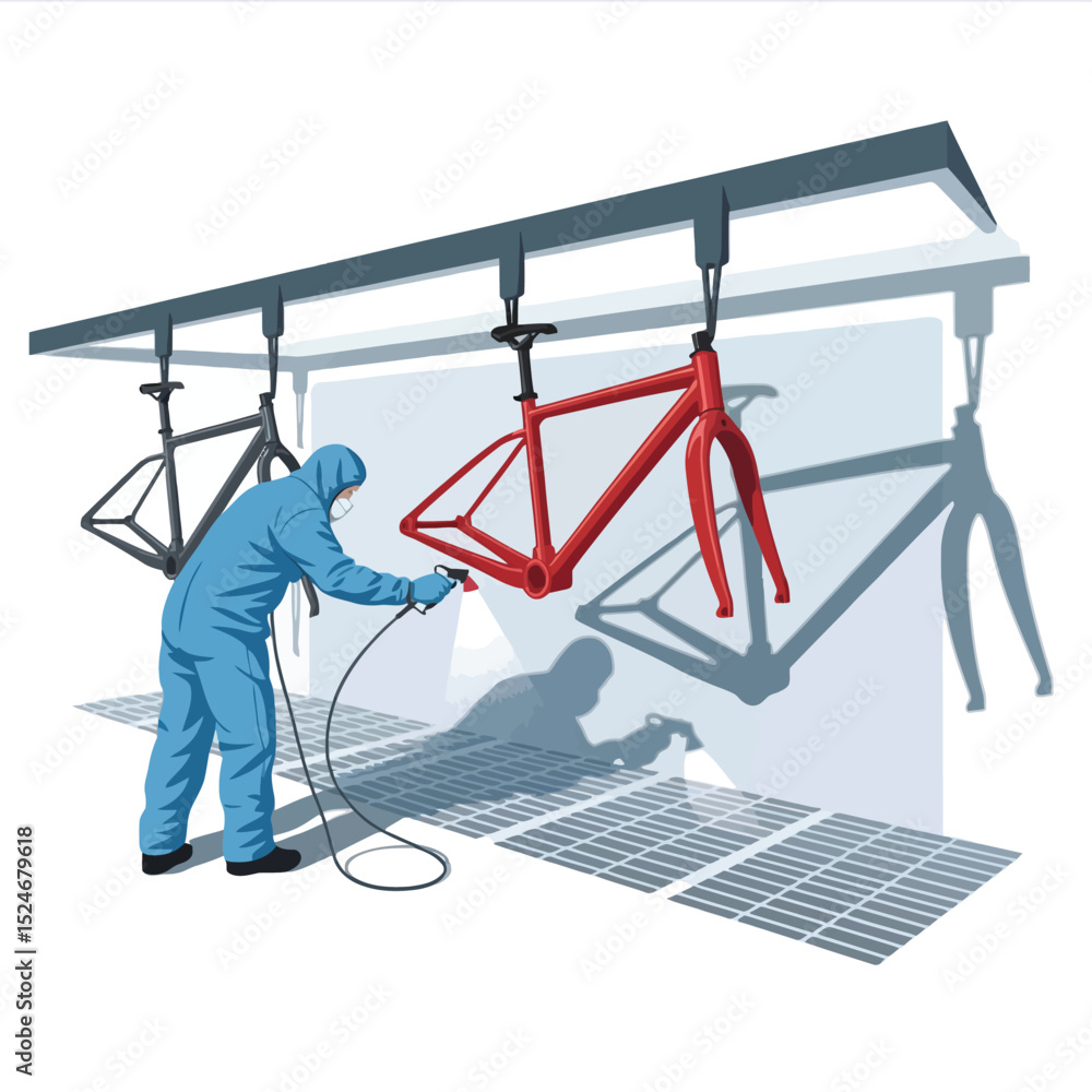 Naklejka premium Bike frame painting process illustration of a worker spraying red paint in a factory setting with overhead support and shadows