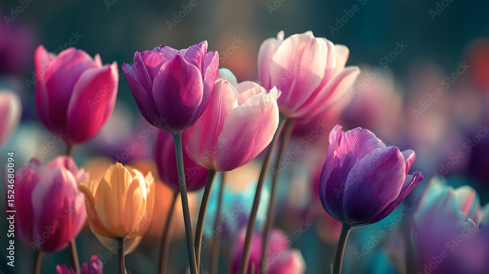 Fototapeta premium Vibrant tulips in a field of colorful blooms.