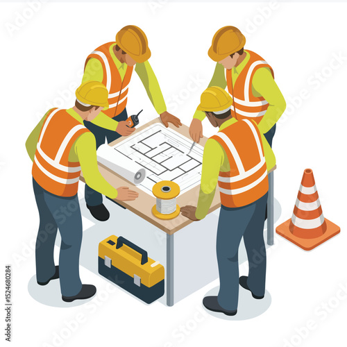 Construction workers collaborating reviewing blueprint on a work table isometric illustration