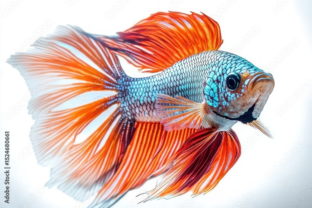 Fototapeta premium close-up of a colorful fish with shimmering blue scales and flowing bright orange fins against a white background