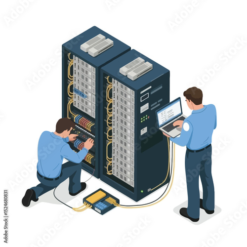 Data center maintenance technicians inspecting servers and network equipment isometric view of server rack and it professionals at work