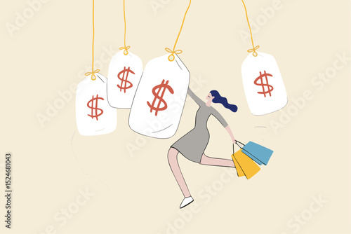 Shopping promotion, consumerism, happiness of buying stuffs, clothes or fashion for lady concept, happy young cute lady wearing beautiful stylist dresses holding shopping bags hung on sale price tag.