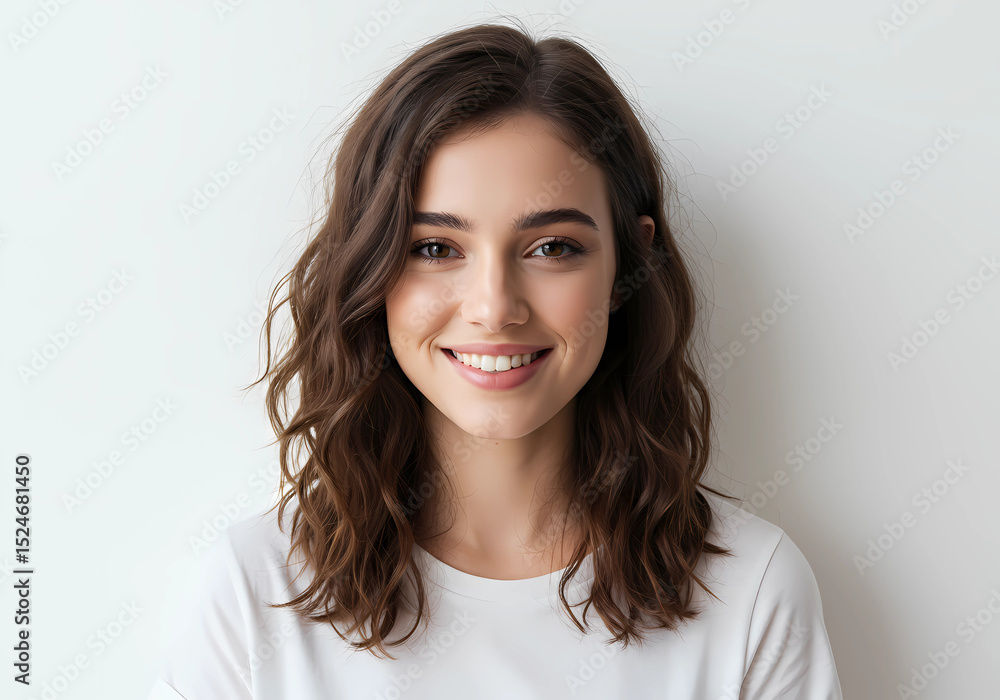 Portrait of a young woman with wavy brown hair smiling warmly, wearing a white shirt, against a plain light background. Portrait of a young woman with wavy brown hair smiling warmly, wearing a white shirt, against a plain light background.