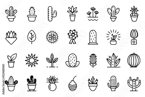 Collection of line icons depicting cactus aloe vera and botany elements isolated on transparent background