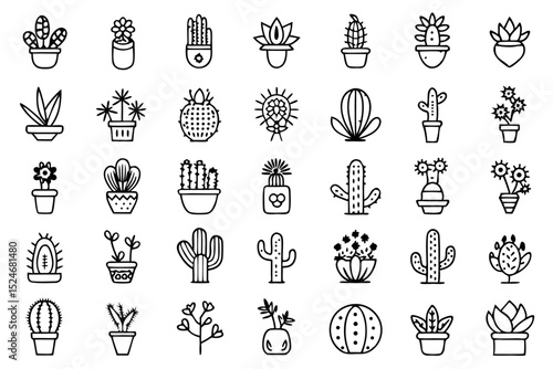 Collection of line icons depicting cactus aloe vera and botany elements isolated on transparent background