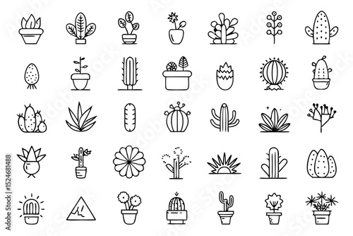 Collection of line icons depicting cactus aloe vera and botany elements isolated on transparent background