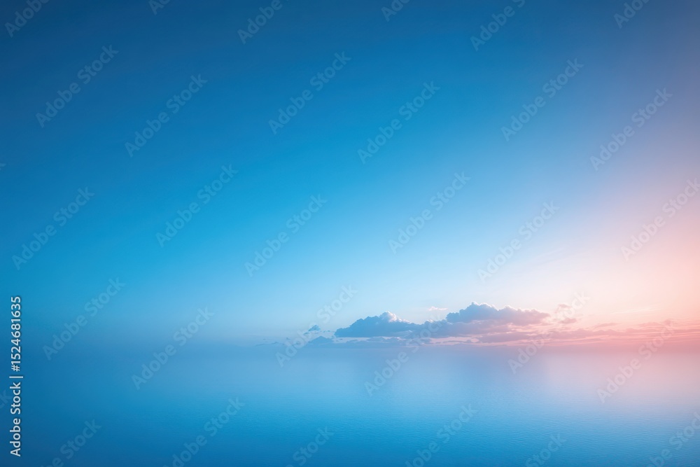 Fototapeta premium Calm blue ocean meeting a clear sky with soft clouds and gentle sunrise or sunset light creating a peaceful and serene atmosphere