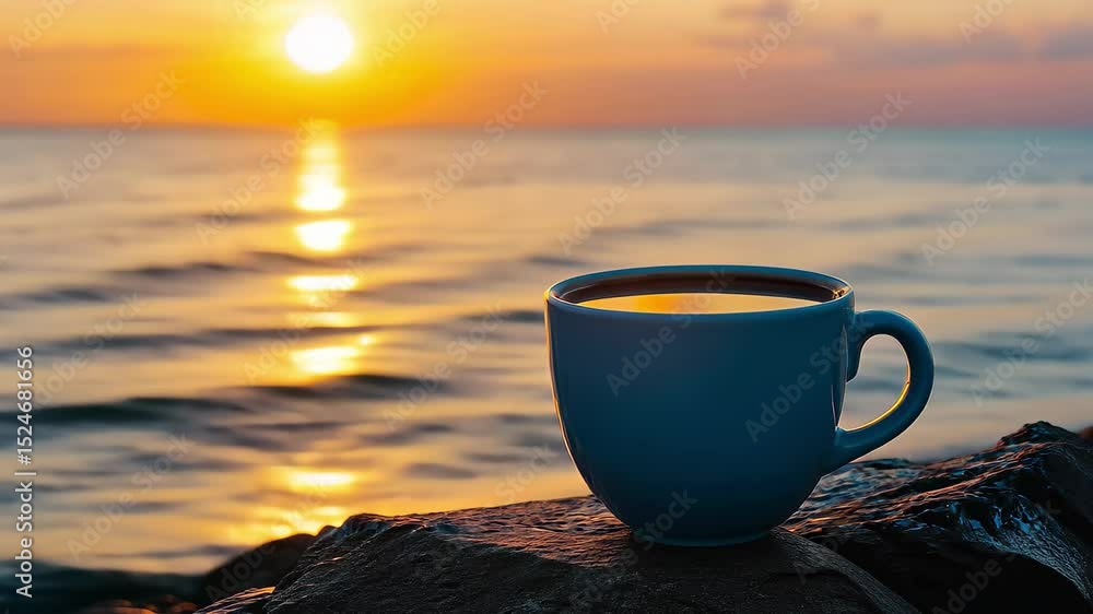 Enjoying coffee at sunrise by the shore while waves gently lap at the rocks, Coffee cup on the shore with rising sun in the background Serenity and morning calm concept Enjoying coffee at sunrise by the shore while waves gently lap at the rocks, Coffee cup on the shore with rising sun in the background Serenity and morning calm concept