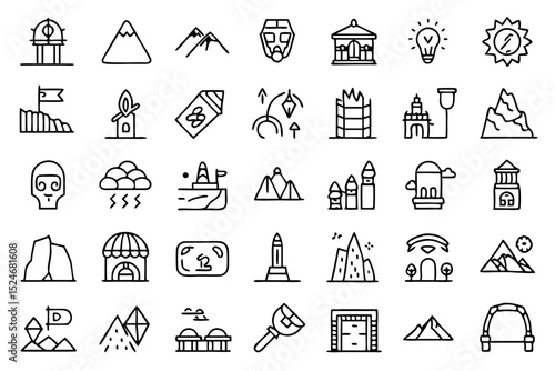 Collection of line icons depicting cave mine primitive ancient themes isolated on transparent background