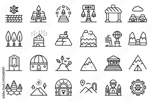Collection of line icons depicting cave mine primitive ancient artifacts isolated on transparent background