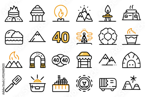 Collection of line icons depicting cave mine primitive ancient themes isolated on transparent background