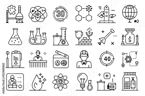 Collection of line icons for chemical engineering and chemistry isolated on transparent background