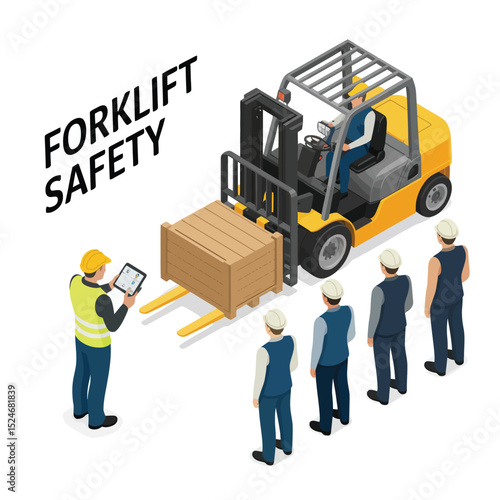 Forklift safety inspection and training in a warehouse illustrated with workers and equipment