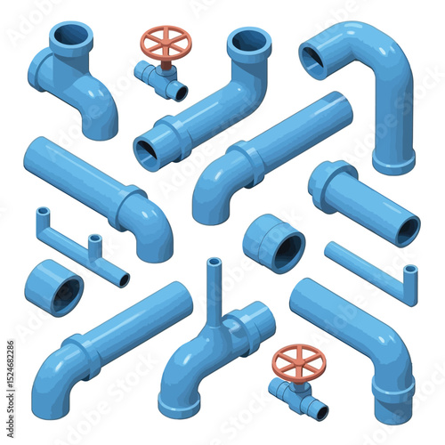 Isometric 3d rendering of blue plumbing pipes and fittings for water supply or industrial piping systems design