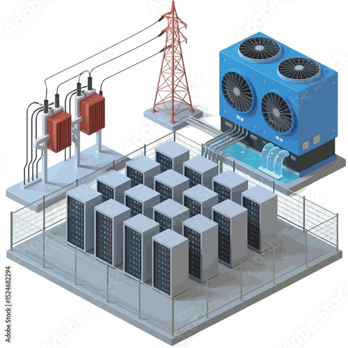Isometric illustration depicting a modern data center powered by an electrical grid and cooled by advanced systems