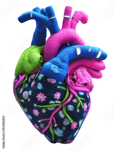 Colorful artificial heart showing arteries and veins on transparent background