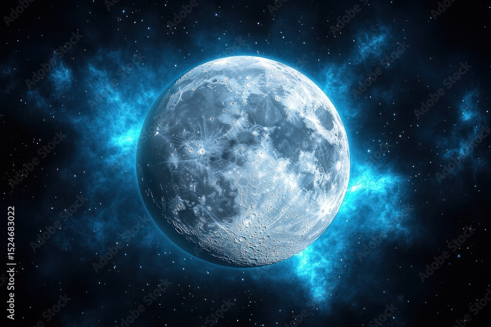 Fototapeta premium Detailed view of a bright full moon surrounded by glowing blue nebula clouds and scattered stars in deep space