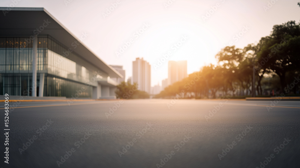 Fototapeta premium Empty road leading to a modern building with clean lines, bathed in soft afternoon light, conveying minimalist serenity.
