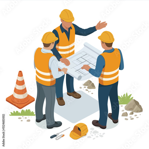Isometric illustration of construction team examining blueprints discussing a building project with safety gear