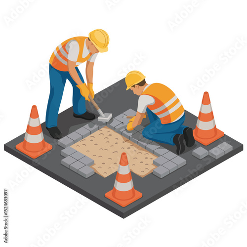 Isometric illustration of construction workers laying paving stones and road work with safety cones signifying road repairs and infrastructure development