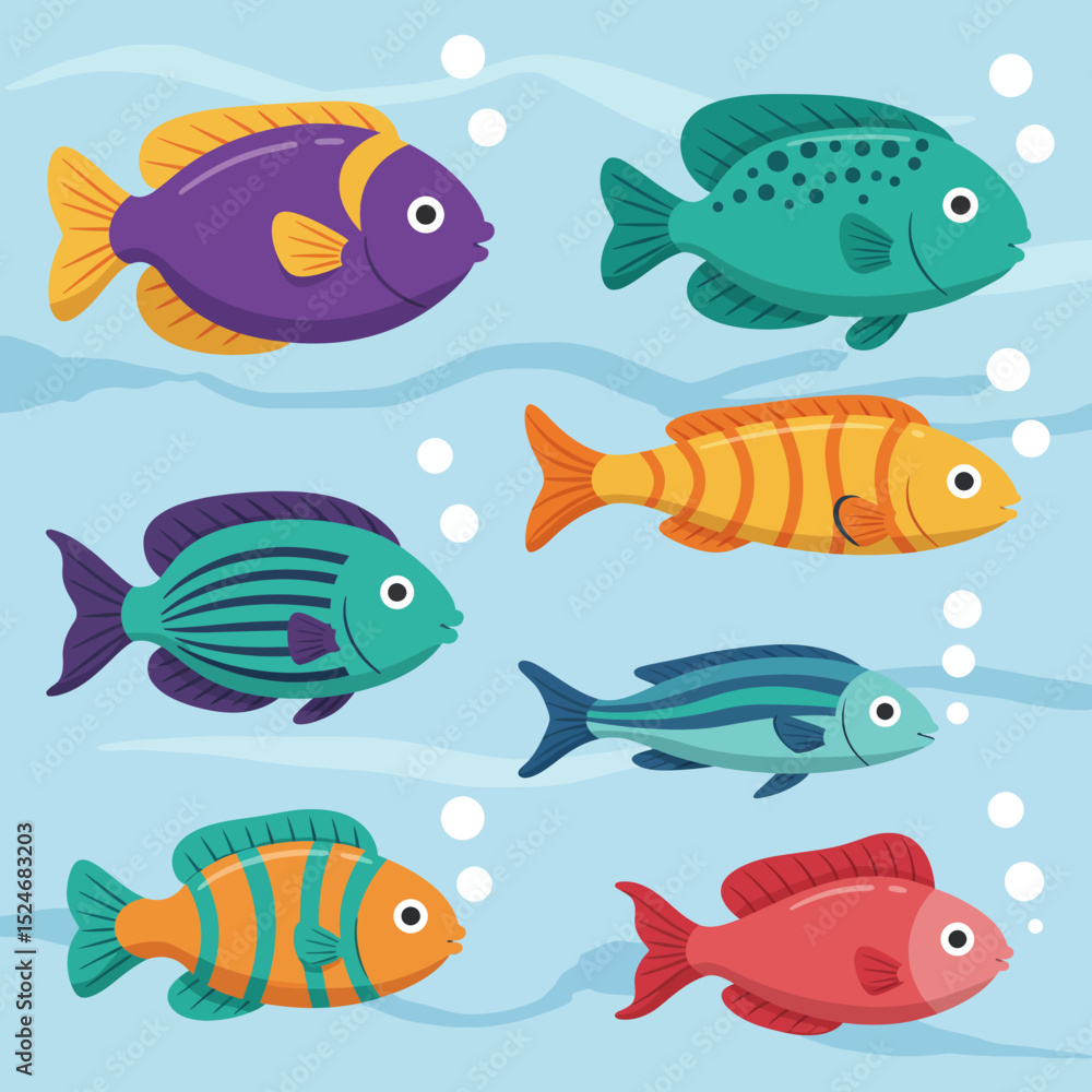 Naklejka premium Seamless pattern with cute cartoon aquatic animals, a vector illustration of a tropical fish collection for ocean life design