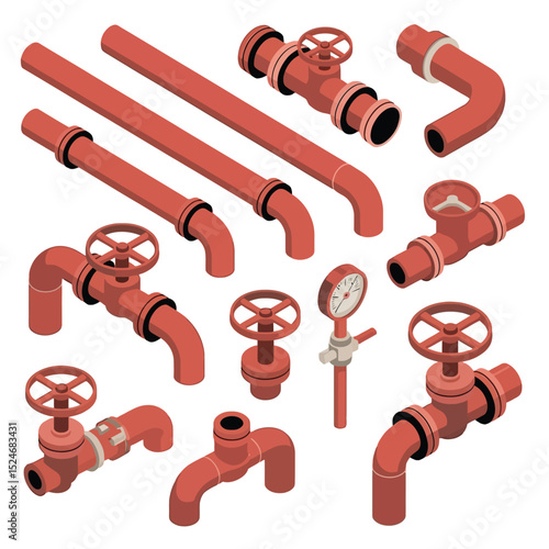 Isometric illustration of plumbing pipes valves and fittings for industrial designs and construction projects
