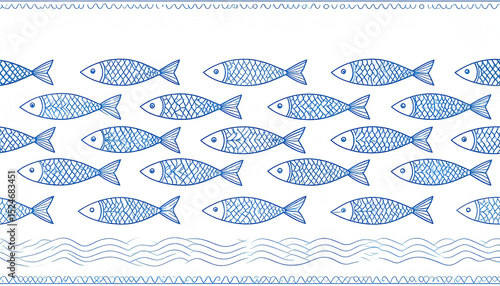 Blue stylized fish swimming in rows, bordered by wavy lines and a zigzag pattern.  Simple, hand-drawn aesthetic