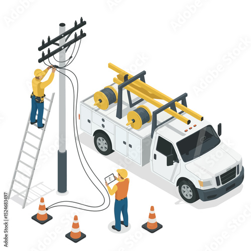 Isometric illustration of power company linemen working on a utility pole with a service truck and traffic cones depicting infrastructure maintenance.