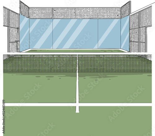 Empty padel court interior in flat vector style. Perspective illustration of the playing surface, net, and glass walls from within the facility.